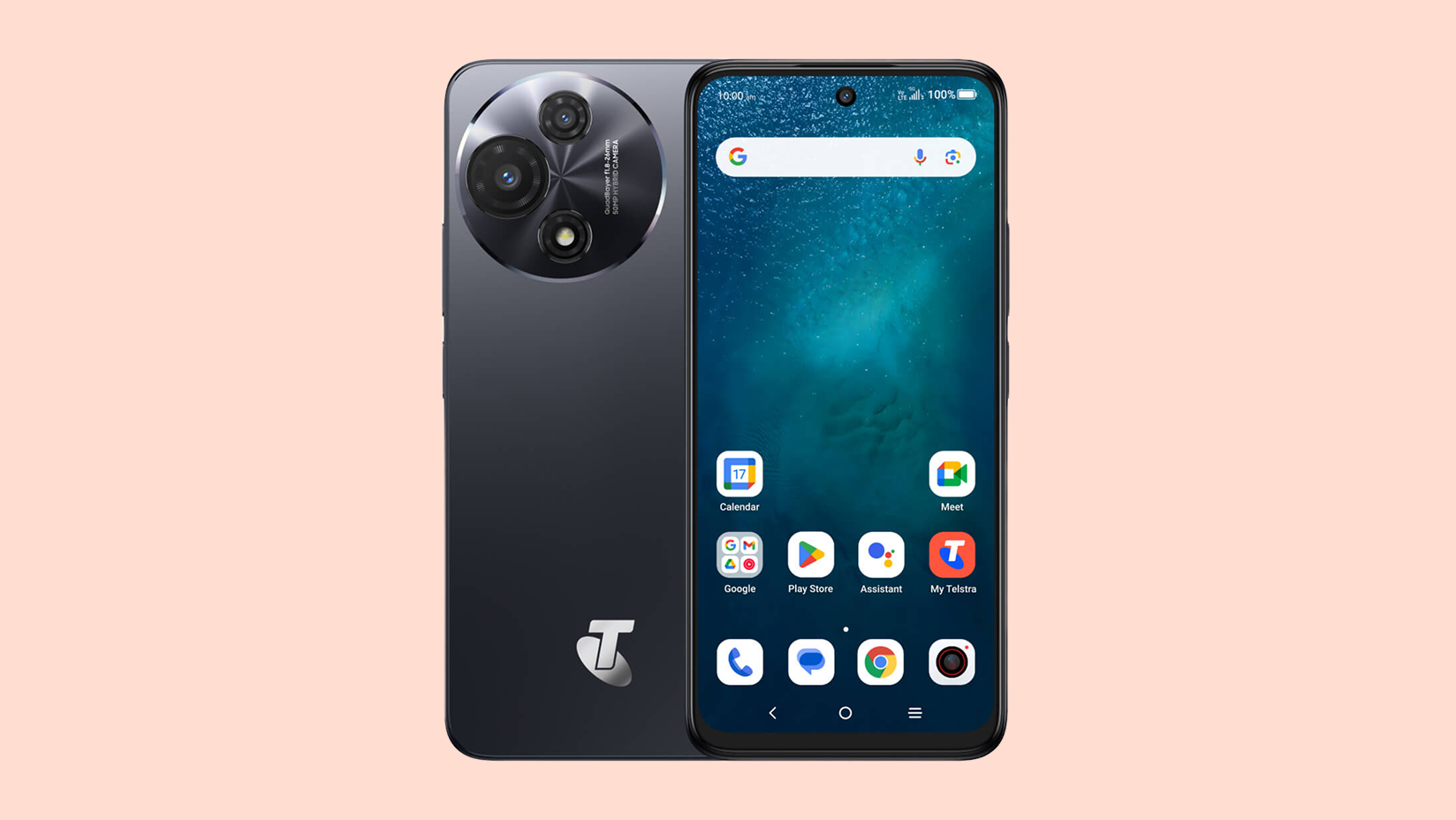 Black Telstra T-Prime 5G with triple-lens circular camera and Android screen.