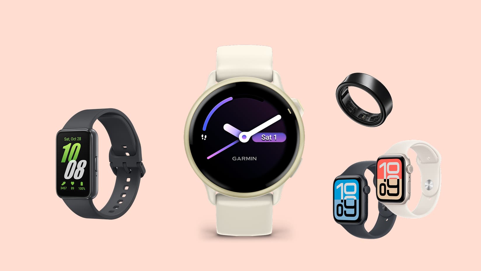 A selection of wearable tech including smartwatches, fitness trackers, and a smart ring arranged on a pale peach background.