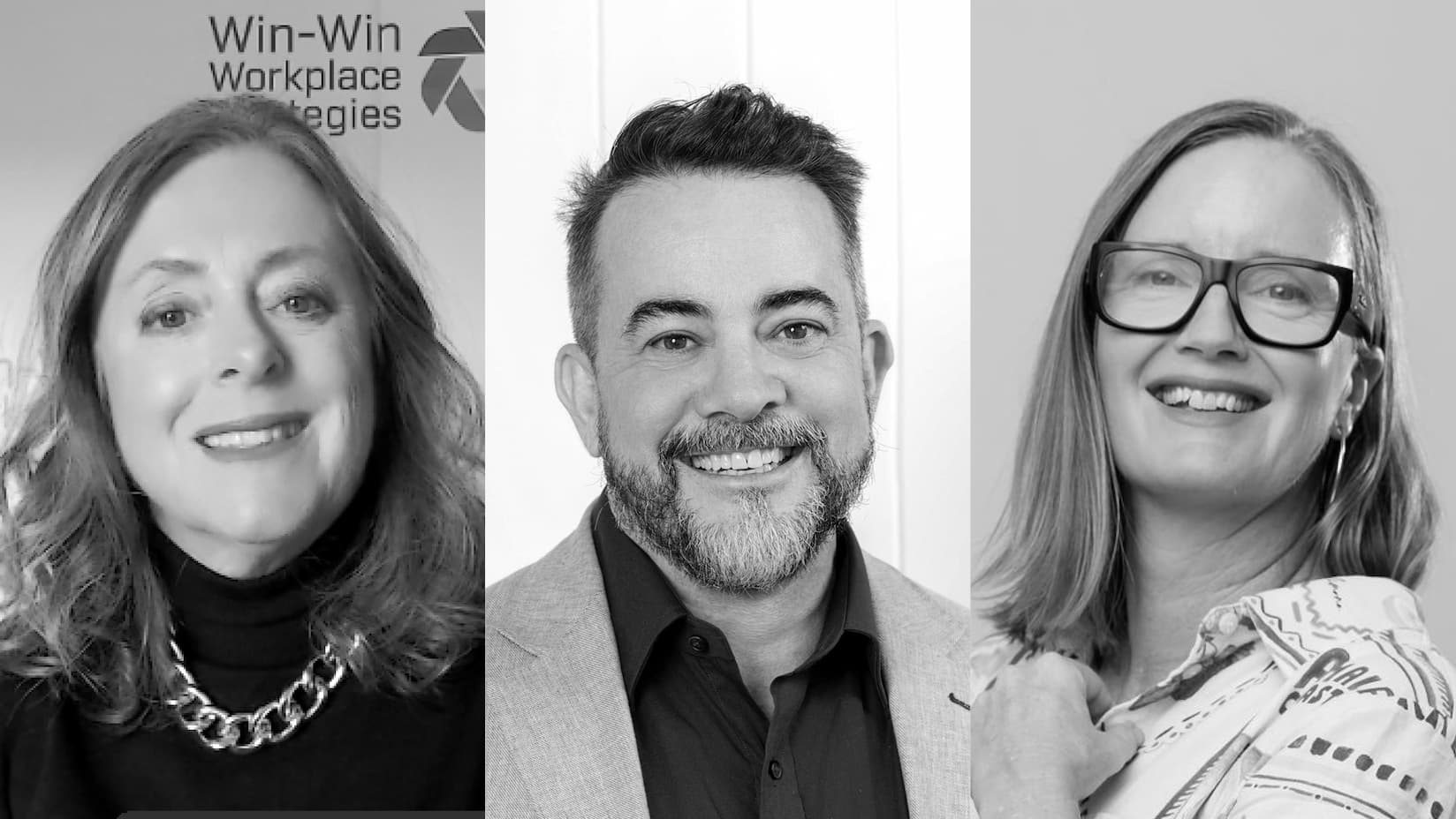Telstra Best of Business Awards judges in a black-and-white composite image, each in separate panels with distinct attire and backgrounds.