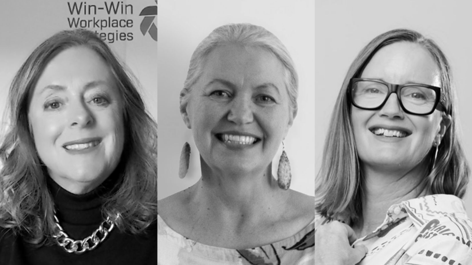 Telstra Best of Business Awards judges in a black-and-white composite image, each in separate panels with distinct attire and backgrounds.