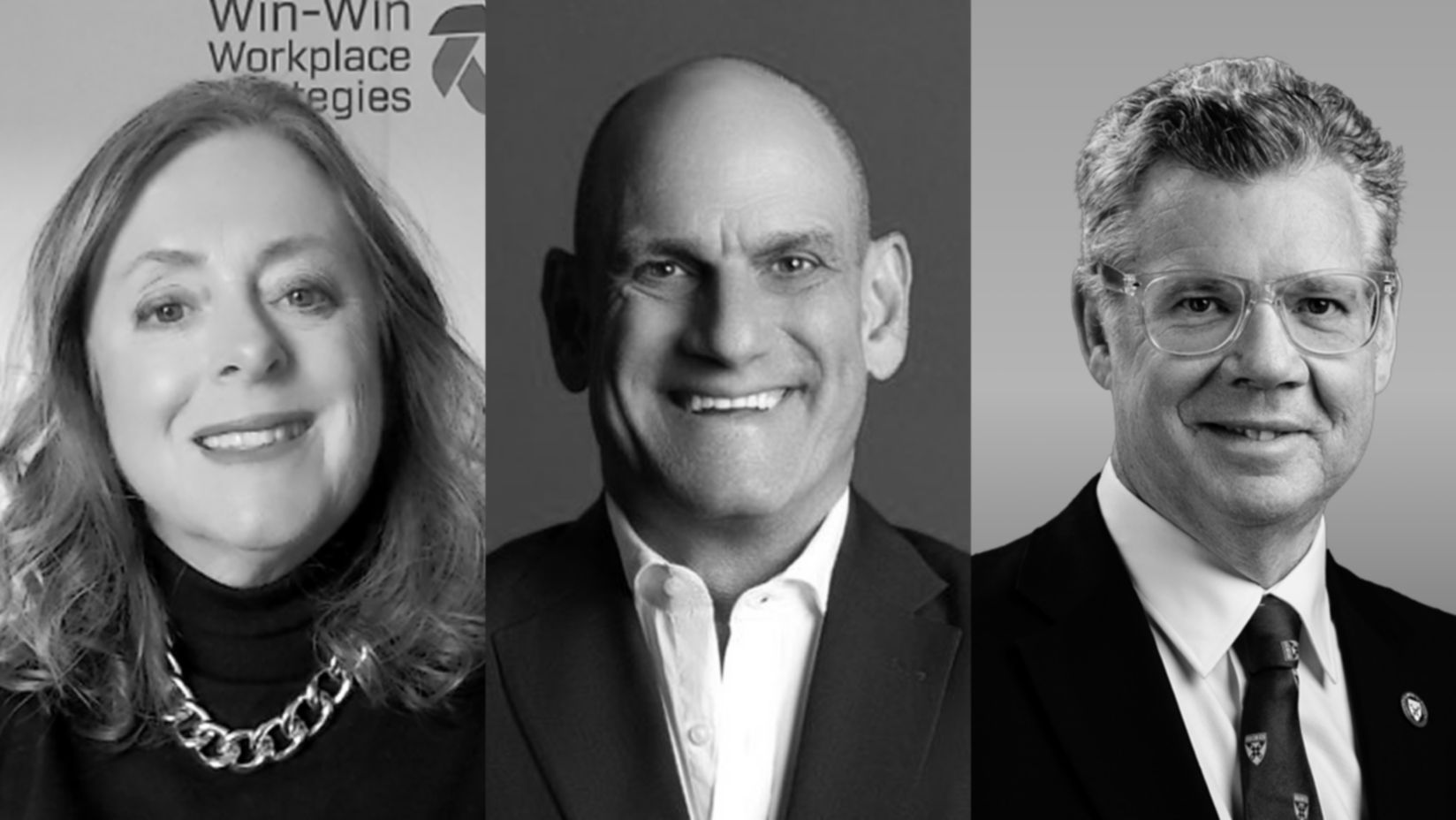 Telstra Best of Business Awards judges in a black-and-white composite image, each in separate panels with distinct attire and backgrounds.