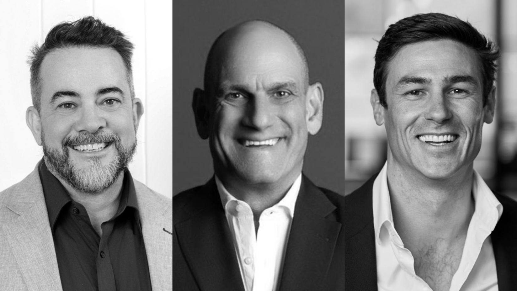 Telstra Best of Business Awards judges in a black-and-white composite image, each in separate panels with distinct attire and backgrounds.