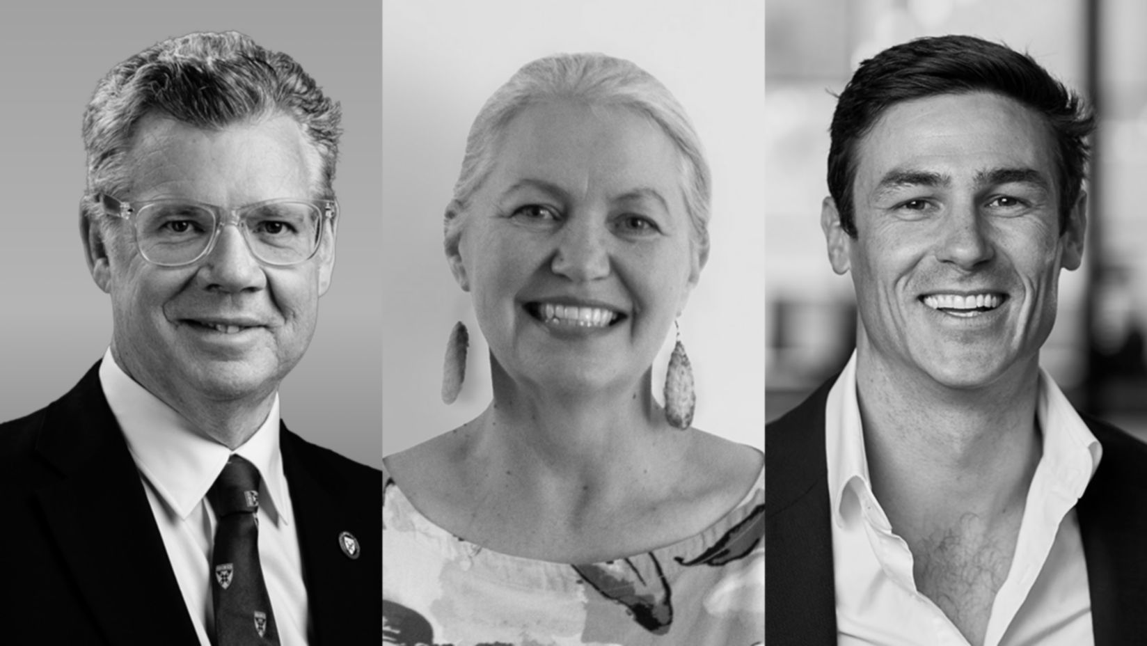 Telstra Best of Business Awards judges in a black-and-white composite image, each in separate panels with distinct attire and backgrounds.