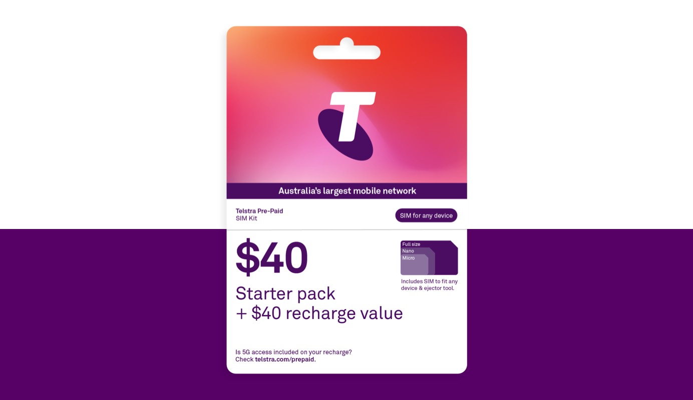 A plastic card with the Telstra brand on the top half and SIM kit details on the bottom half for our $30 SIM Starter Kit which includes a SIM card and $30 recharge value for your selected plan.