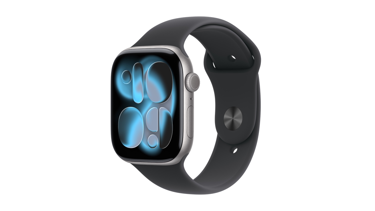 Apple Watch Series 11 with black sport band displaying the time