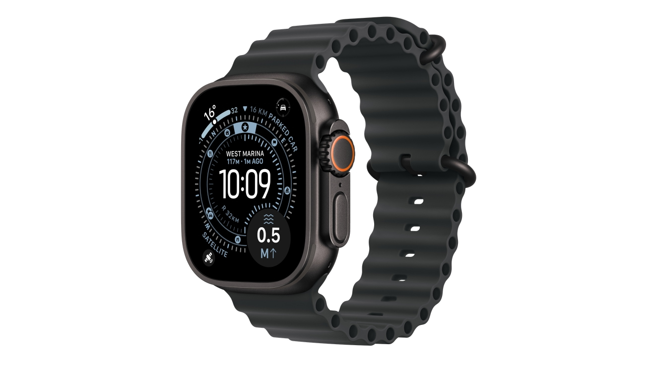 Apple Watch Ultra 3 in black titanium with black band, designed for outdoor adventures.