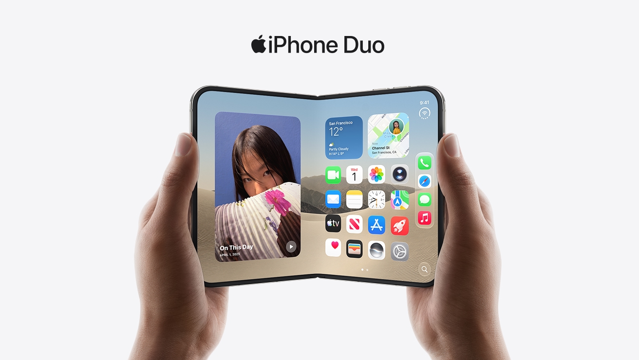 Hands holding an open iPhone Duo. The left screen shows an On This Day photo, while the right screen shows the home screen with app icons and widgets. Text on image: iPhone Duo.