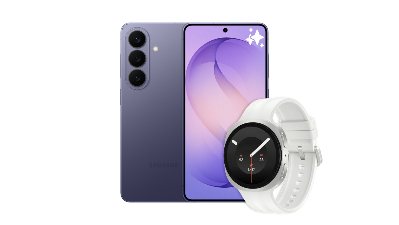 Image showing the front and rear view of a Galaxy S26 and a graphite Galaxy Watch9 44mm 