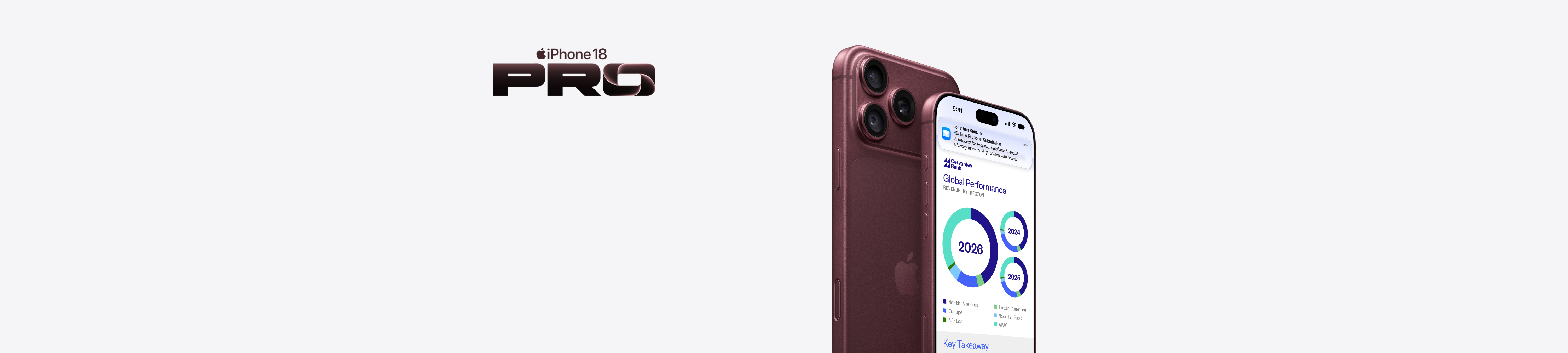 Front and rear views of a burgundy iPhone 18 Pro shown at an angle. The rear view shows three cameras and the front display shows charts, graphs and a notification.