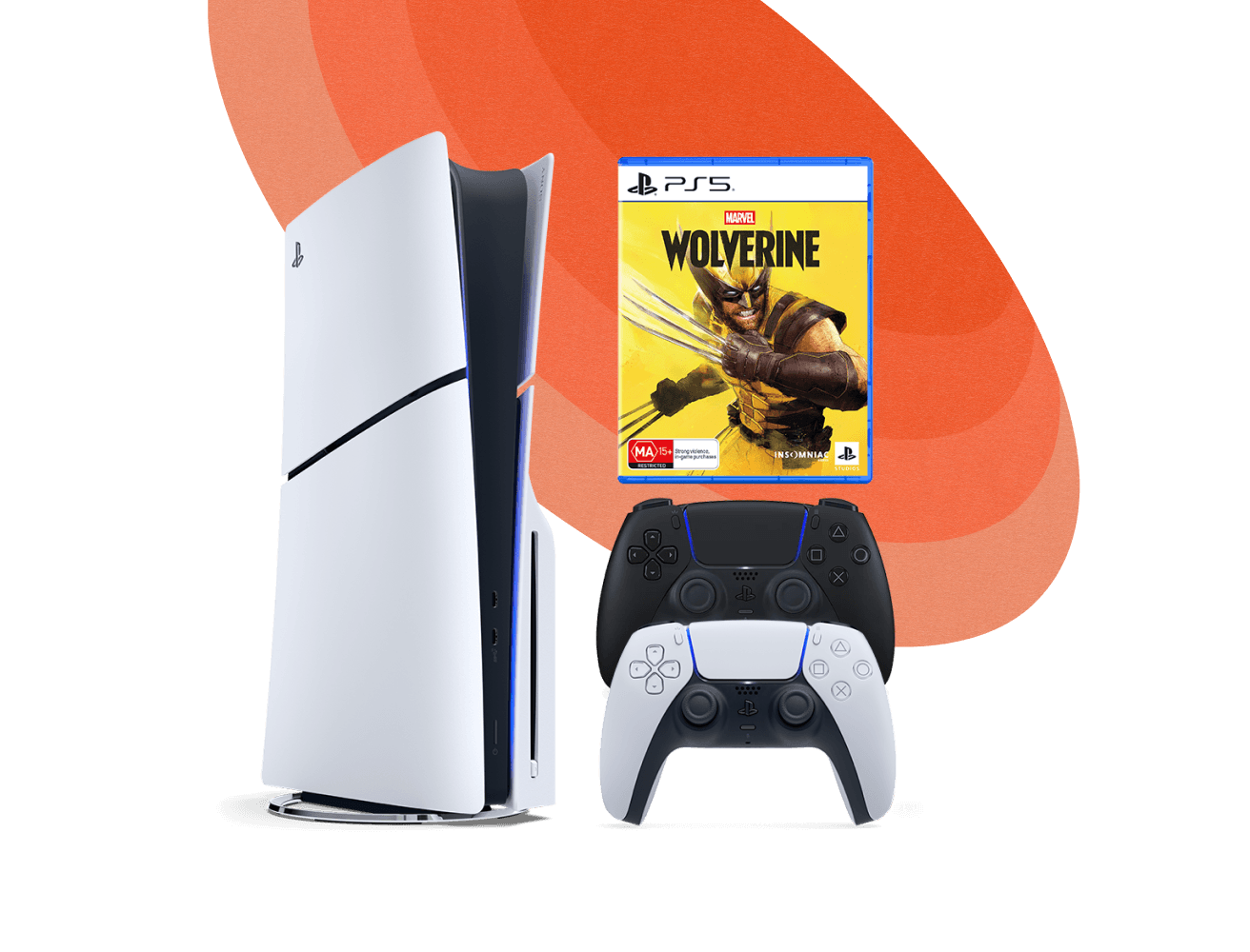 PS5 Slim console, two DualSense wireless controllers and Marvel's Wolverine game, featured as part of a PlayStation 5 gaming bundle. 