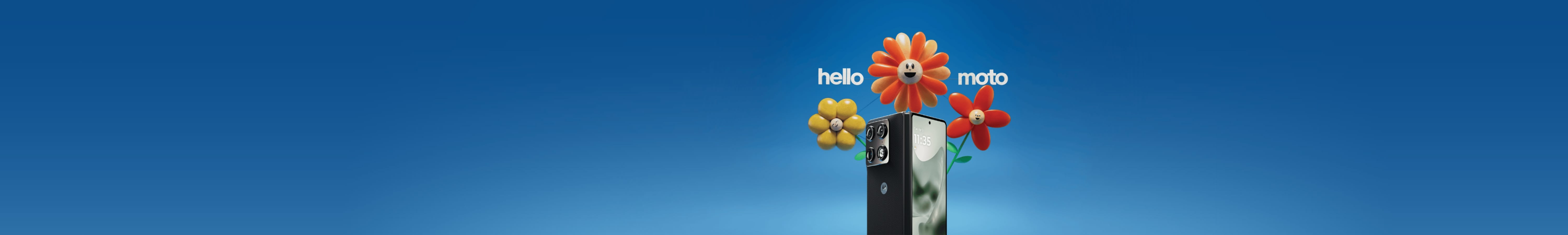 Front and rear views of the motorola razr fold centred, with the text ‘hello moto’ displayed on either side of the phone.