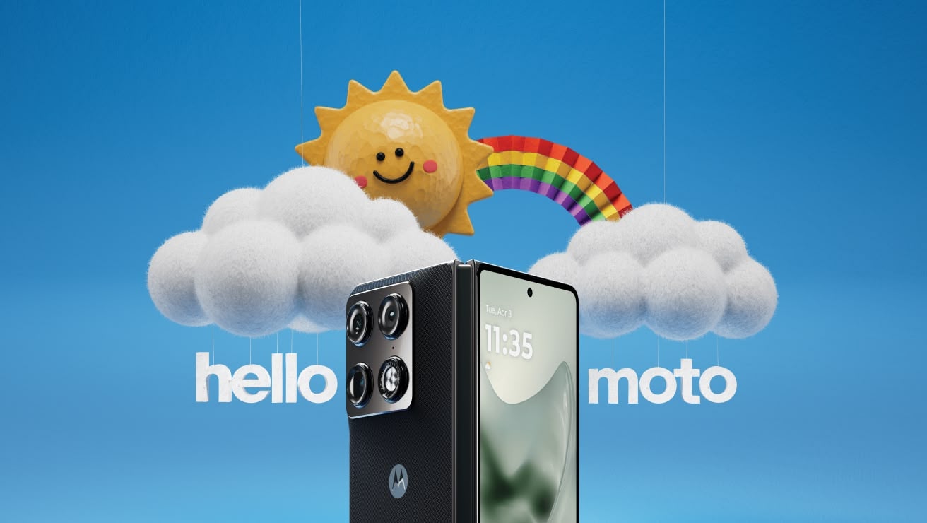 Front and rear views of the motorola razr fold centred, with the text ‘hello moto’ displayed on either side of the phone.