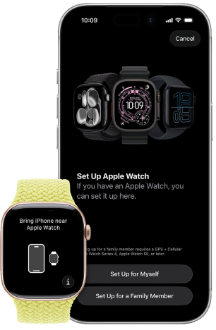 An Apple Watch next to an iPhone. Text on the Apple Watch reads Bring iPhone near Apple Watch. The iPhone reads Set Up Apple Watch and buttons to Set Up for Myself and Set up for a Family Member.