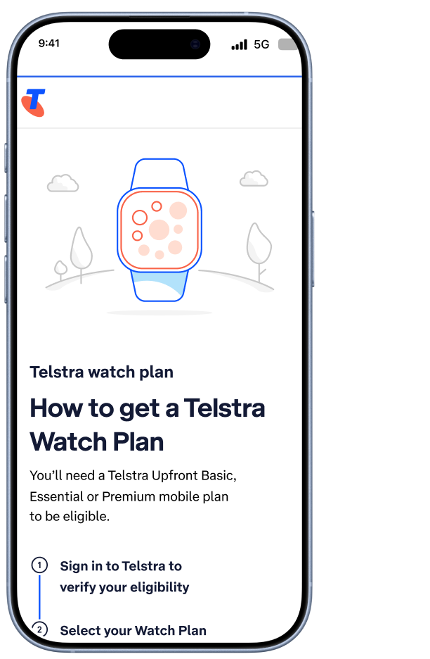 An iPhone showing the Telstra Watch Plan overview page. The heading reads How to get a Telstra Watch Plan.