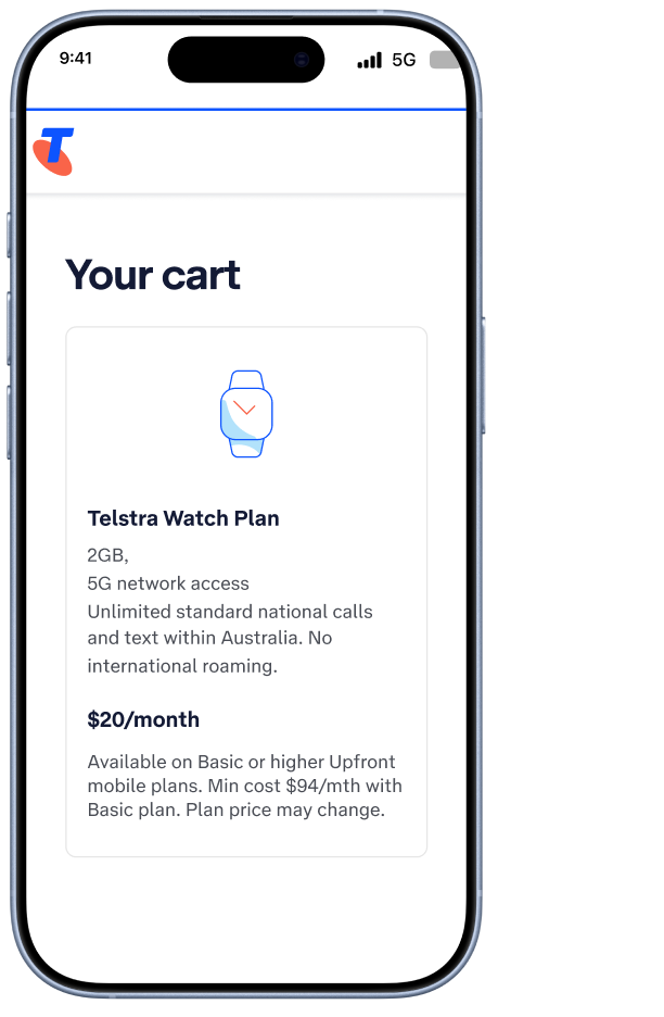 An iPhone showing a shopping cart with a Telstra Watch Plan in it, ready for purchase.
