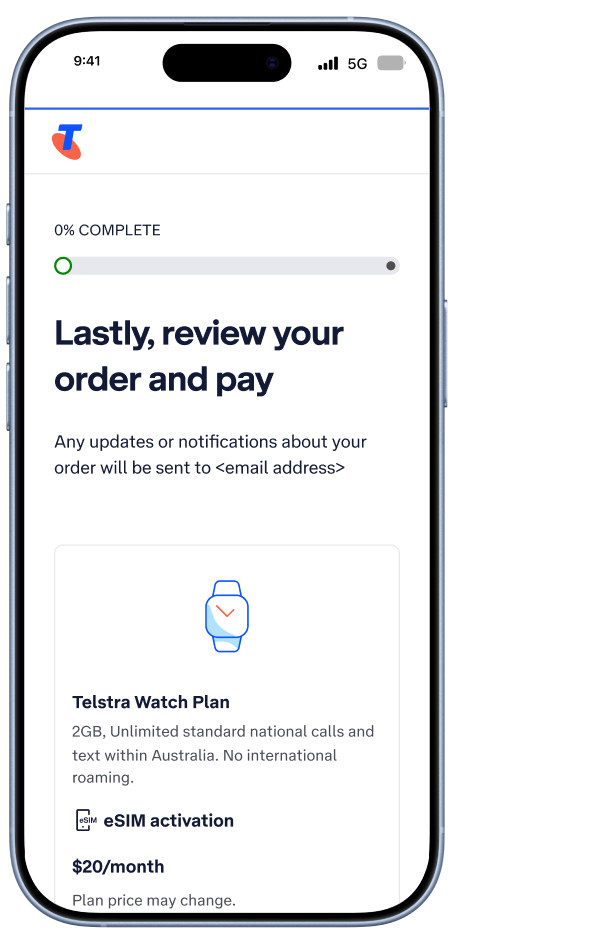 An iPhone showing an order review screen. There is text telling the user which email address Telstra will send order updates to.