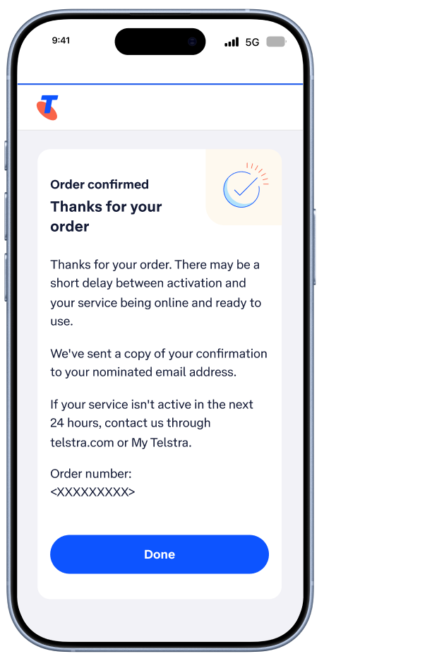 An iPhone showing an order review screen. There is text telling the user which email address Telstra will send order updates to.