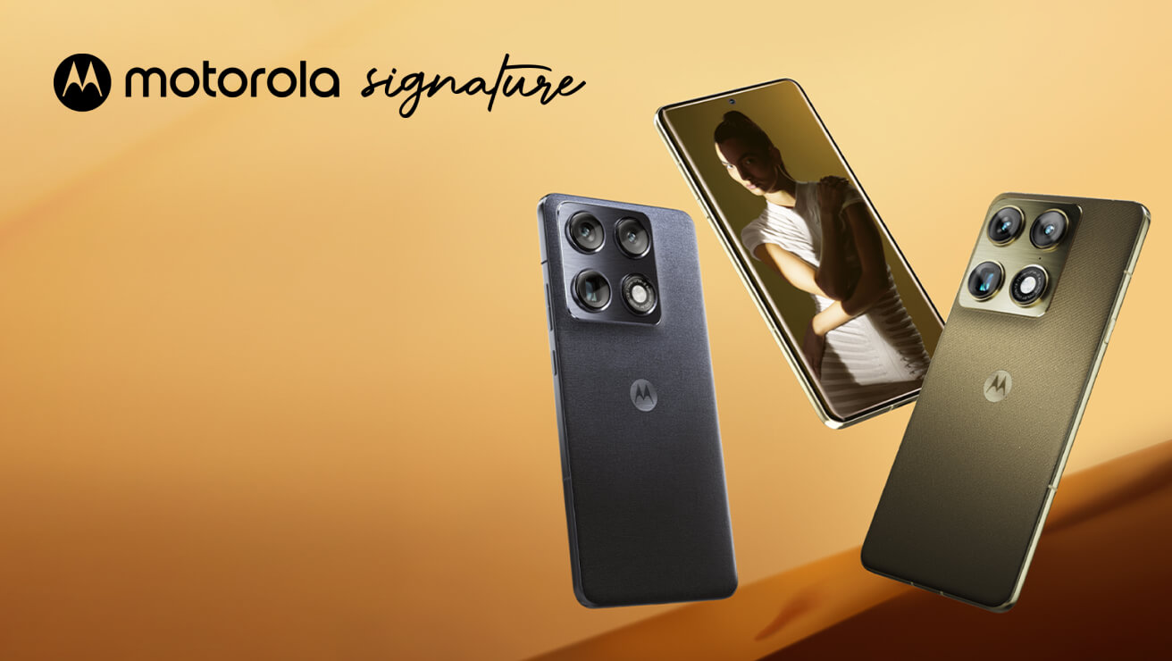 Three motorola signature phones in the two available colours - Carbon grey and Martini Olive green. Two of the phones show rear quad camera array. Text on image: motorola signature.