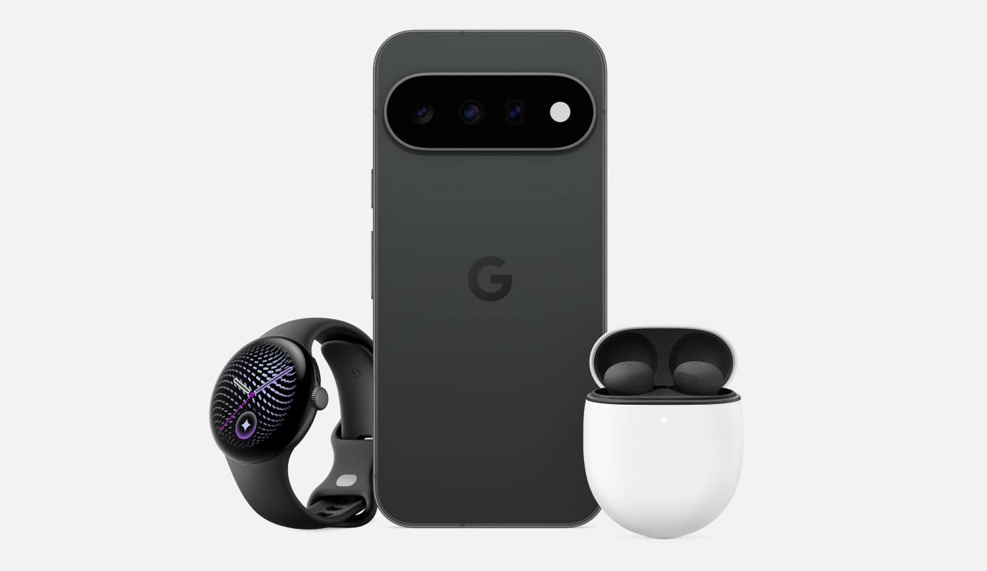 Composite image showing an angled view of a Google Pixel Watch 5 in Matte Black Aluminium Case colour with Obsidian Active Band colour, a rear view of a Google Pixel 11 in Obsidian colour, and a front view of a Google Pixel Buds Pro 2 in colour hazel depicted stowed in charging case with lid opened.