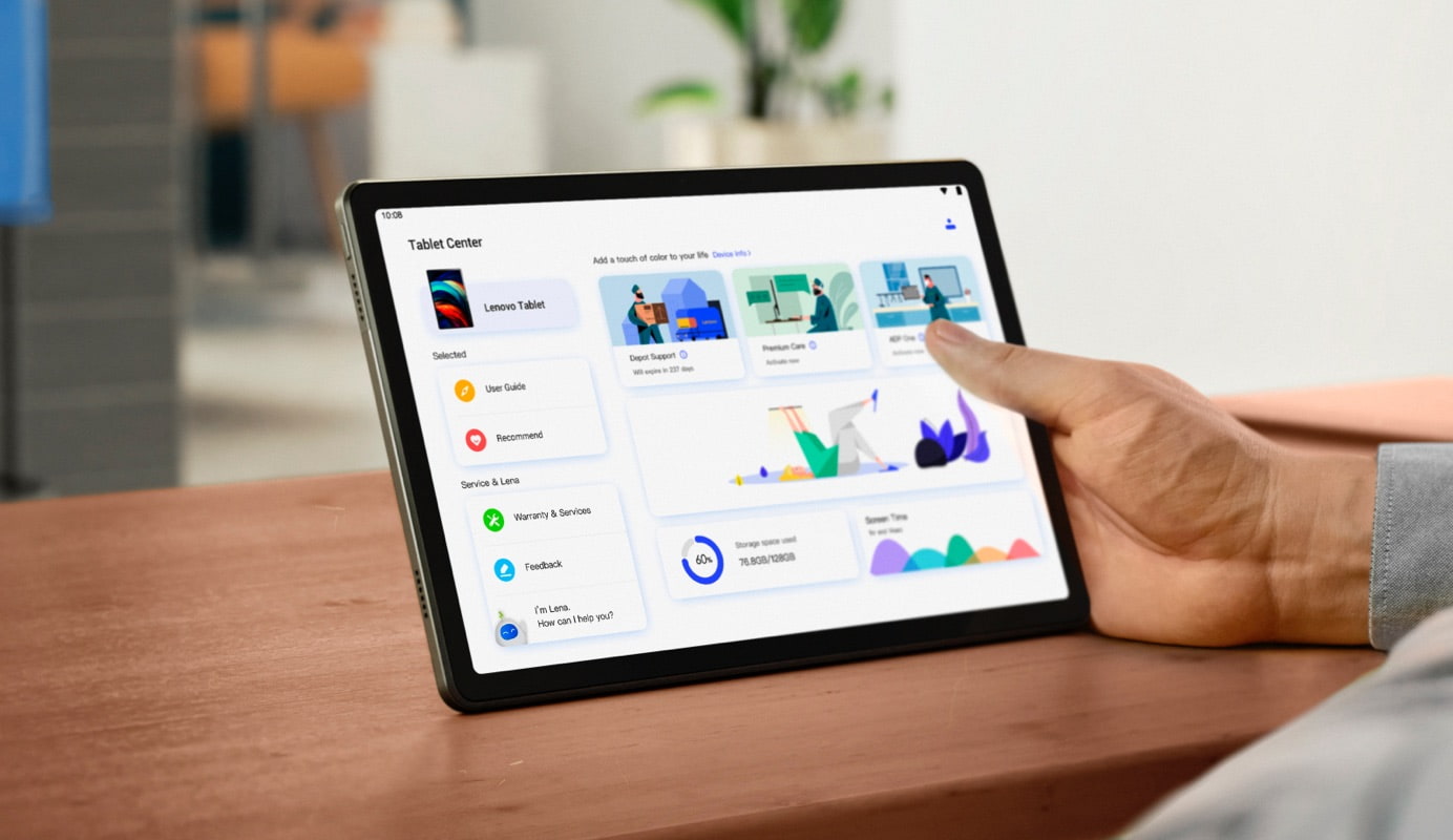 A hand is holding a Lenovo Tab M10 Plus (3rd Gen) with the Tablet Centre open on its screen.