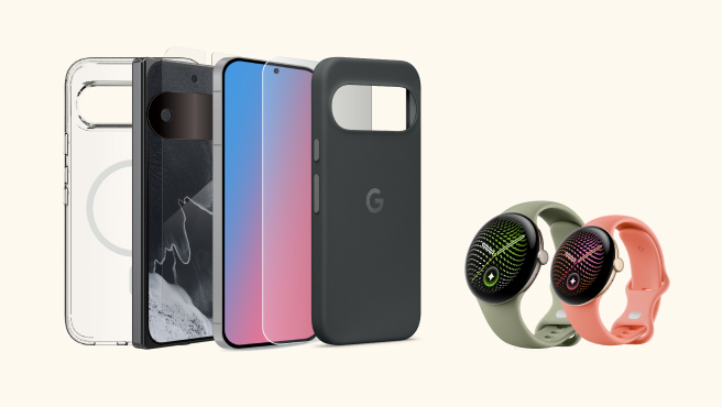 Left to right: Rear views of three Google Pixel 11 cases and one ZAGG InvisibleShield Glass Elite screen protector. In the centre are two Google Pixel Watch 5 LTE smartwatches, and on the right are Google Pixel Buds Pro 2 wireless earbuds.
