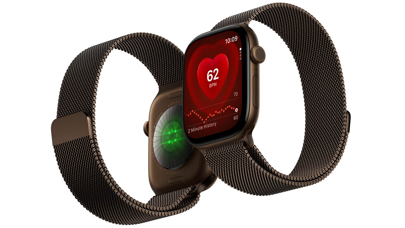 Two Apple Watch Series 12 devices in dark bronze, with Milanese Loop bands.