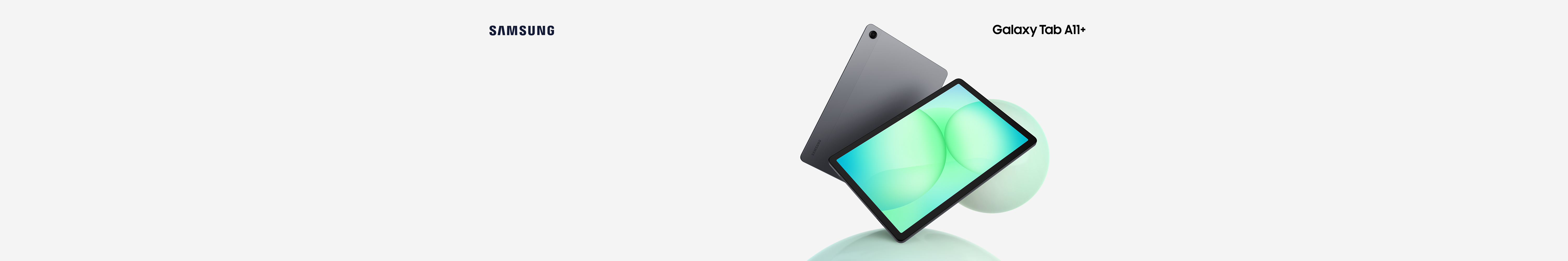 Two Samsung Galaxy Tab A11+ models in grey colour. The one in the back is rear facing. The front tablet is on a 45 degree angle facing upwards. Text on the top right of the image reads: Galaxy Tab A11+.