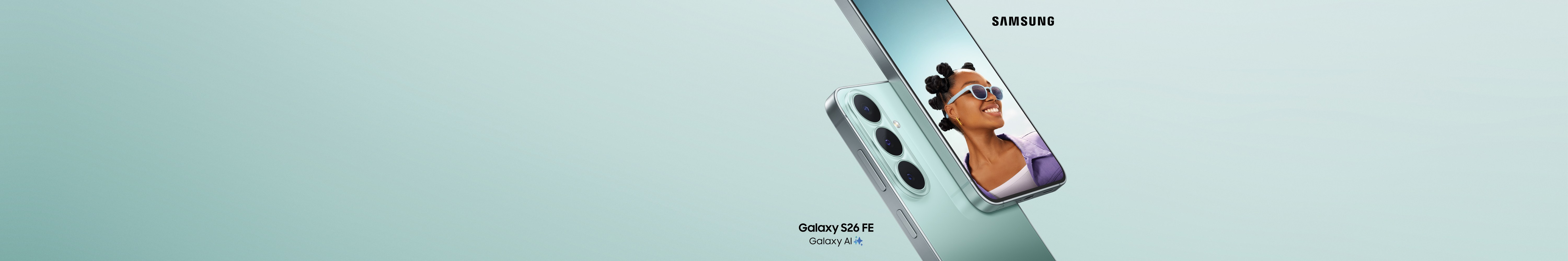 Front and rear view of a green Pistachio Samsung Galaxy S26 FE featuring a triple rear camera and Galaxy AI branding. 