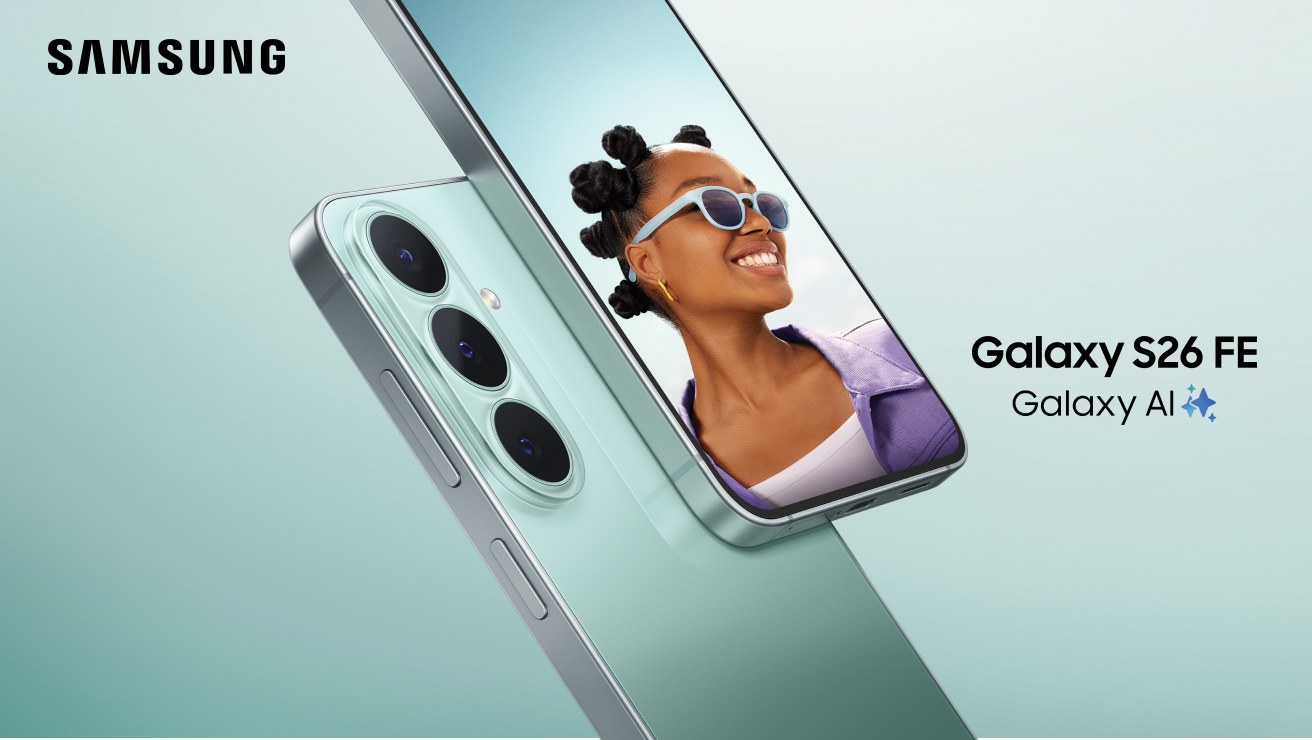 Front and rear view of a green Pistachio Samsung Galaxy S26 FE featuring a triple rear camera and Galaxy AI branding. 