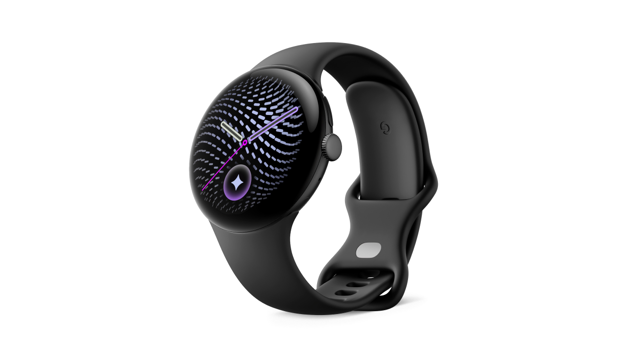 Google Pixel Watch 5 front angled view in Matte Black Aluminium Case colour with Obsidian Active Band colour .