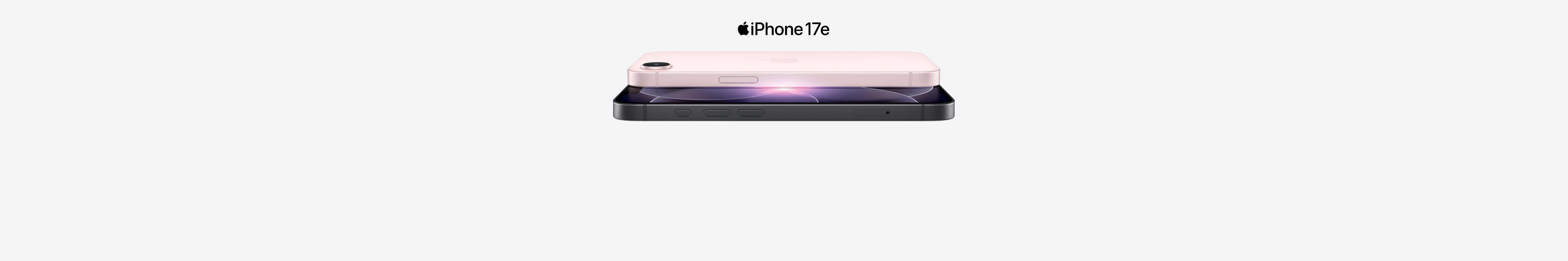 iphone17e, horizontal side and front exterior, black color, iphone17e, horizontal side and back exterior, soft pink color. iPhone 17e logo is at the top of the image.