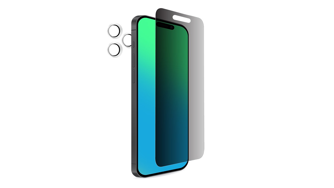 Front view of the Sprout Privacy Glass Screen Protector on the iPhone 18 Pro, showing both the front and back of the product.