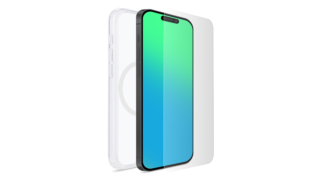 Front view of the Tempered Glass Screen Protector and a Clear Combi Case on the iPhone 18 Pro, showing both the front and back of the product.