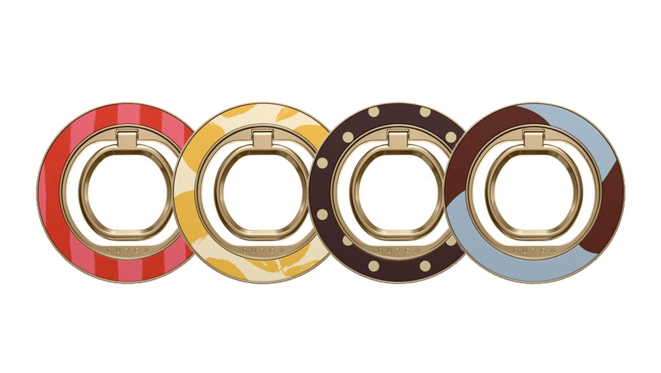 Front views of four Burga Magnetic Rings in Pomegranate, Lemon Tart, Sorry Busy and Blue.