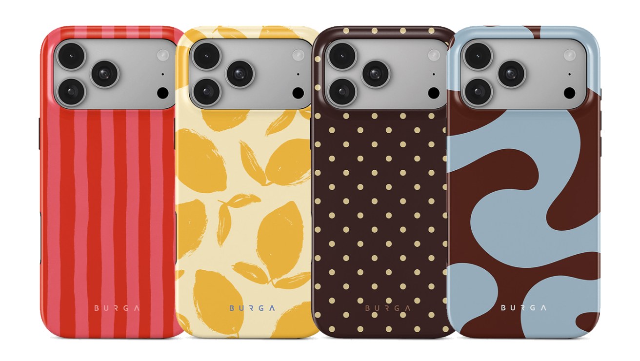 Rear views of four Burga Tough Magsafe Cases in Pomegranate, Lemon Tart, Sorry Busy and Blue.