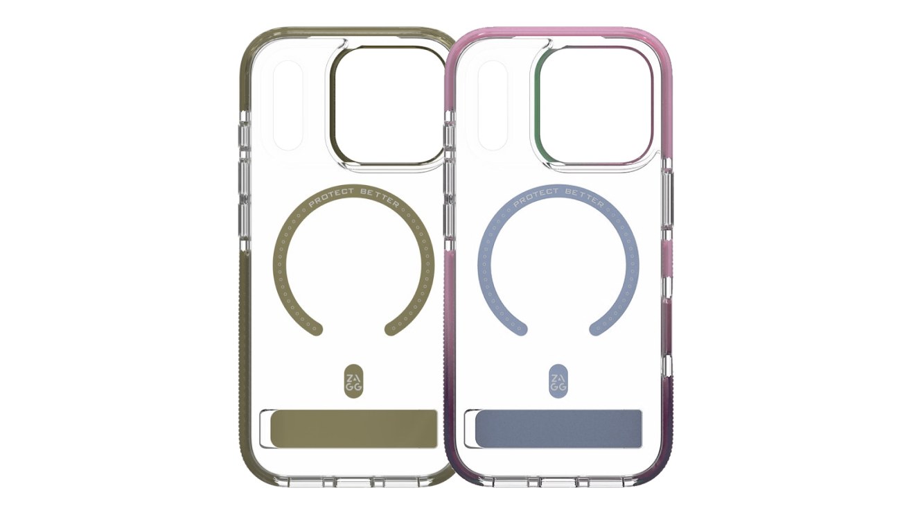 Silicone Kickstand Case in Clear and Opalescent and Clear and Gold.