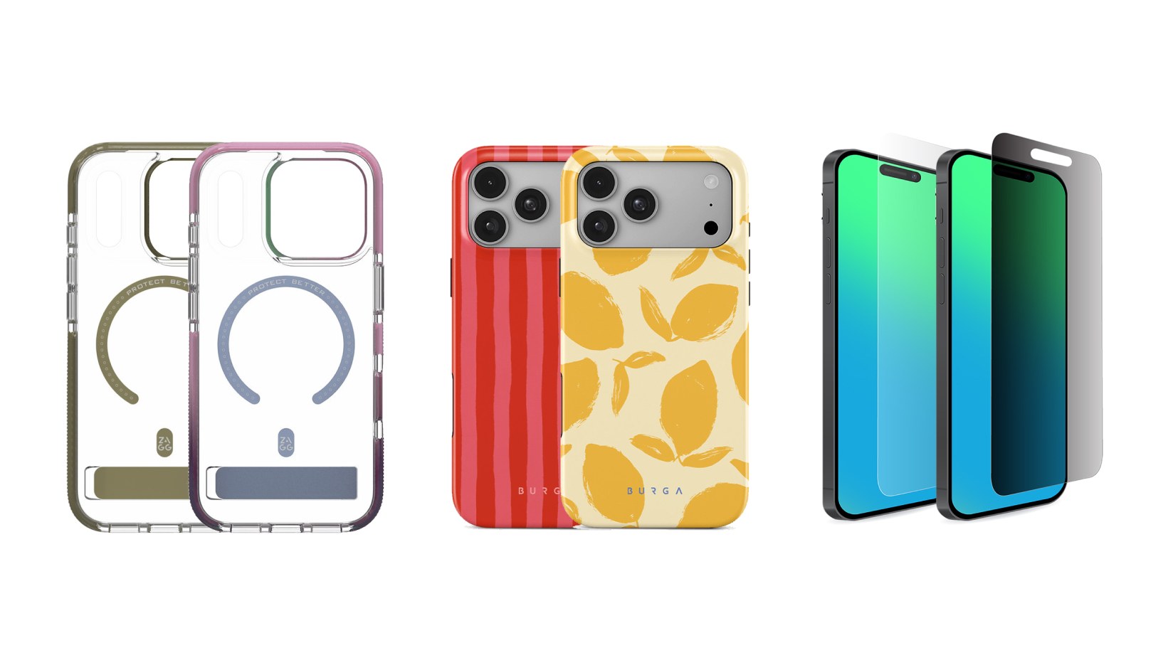 Left to right: Two Sprout DHC Kickstand Magnetic Cases, two Burga Tough Magsafe Cases and One Telstra Combi Case & Screen Protector bundle. 