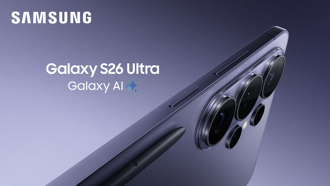 Close up rear view of the S26 Ultra in Cobalt Violet colour, showing quad camera array and S Pen. Text: Galaxy AI.