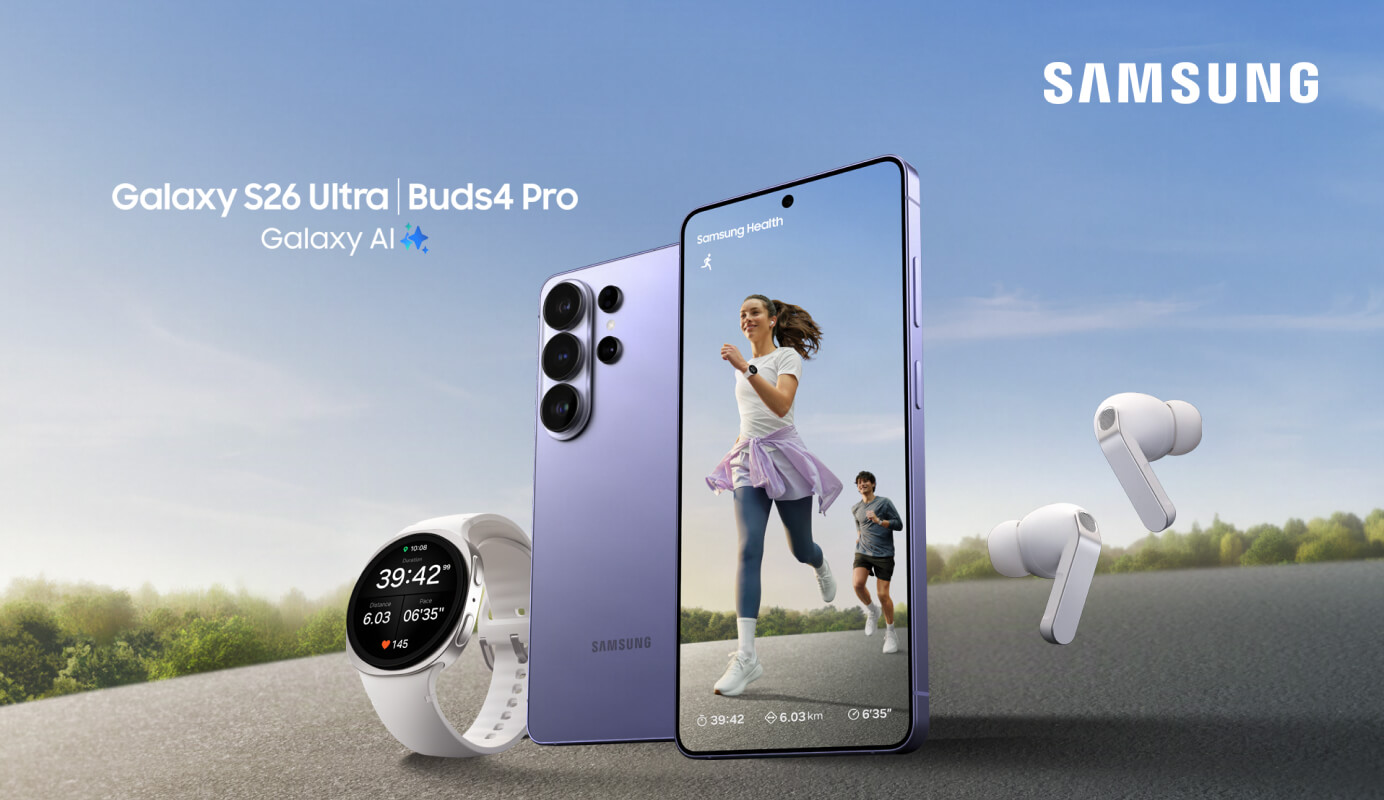 A Samsung product showcase featuring a Galaxy S26 Ultra in Cobalt Violet, displaying a running scene, Buds4 Pro earbuds, and a Galaxy Watch 8 against an outdoor backdrop.