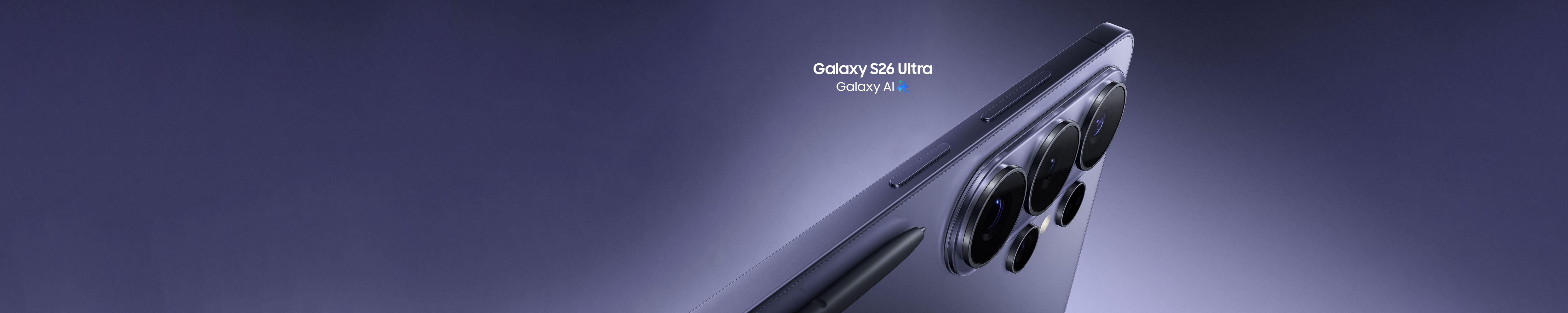 Close up rear view of the S26 Ultra in Cobalt Violet colour, showing quad camera array and S Pen. Text: Galaxy AI.