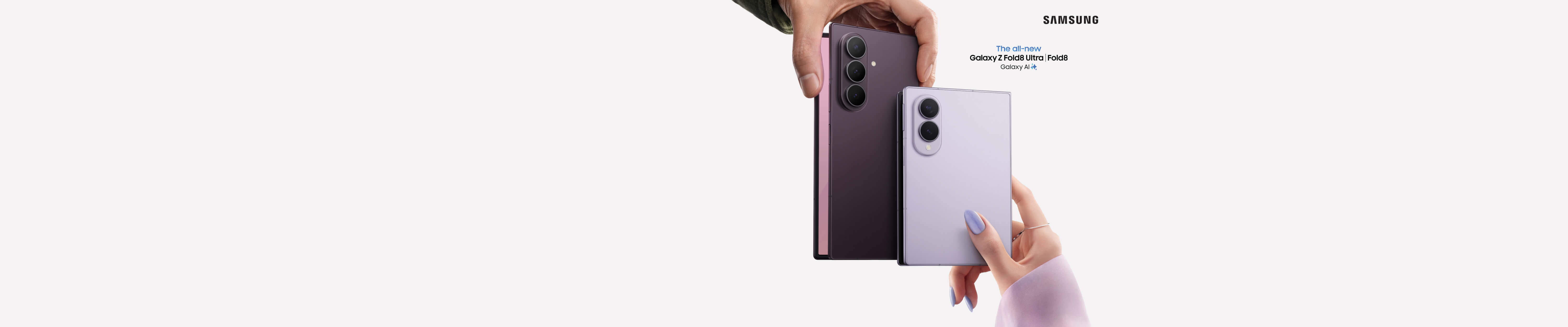 Two new Galaxy Z Series phones. The Fold8 Ultra is bigger in size with a triple rear camera. The Fold8 has a dual rear camera. Text on image: Samsung, Galaxy Z Fold8 Ultra and Fold8, Galaxy AI. 