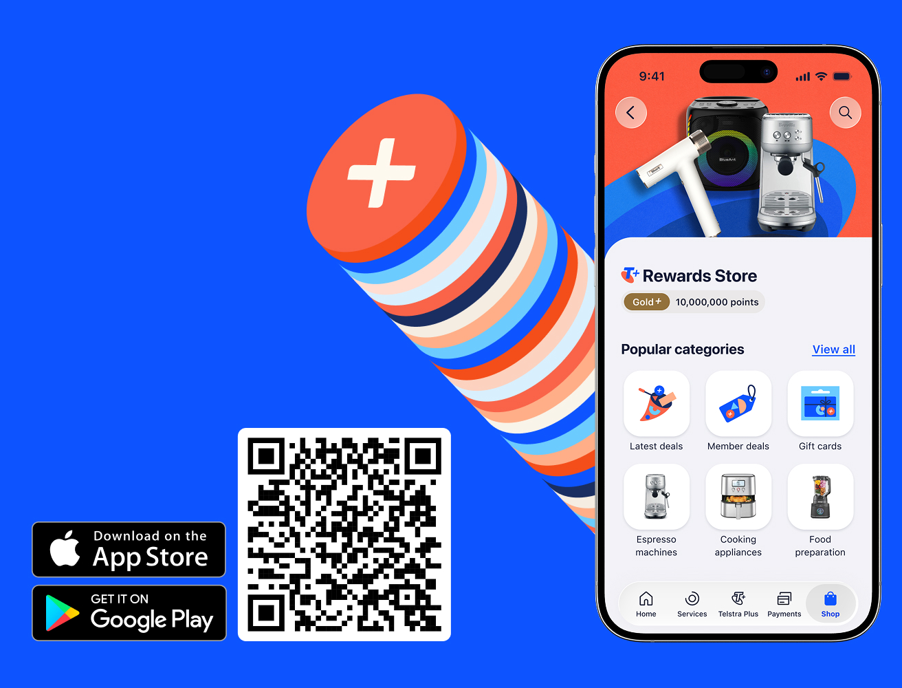A smartphone displays the Telstra Plus Rewards Store in the My Telstra app. Beside the phone is a Telstra Plus points graphic, a QR code and two small banners. One banner contains an Apple logo and the text: Download on the App Store. The other banner contains a Google Play logo and the text: Get it on Google Play.