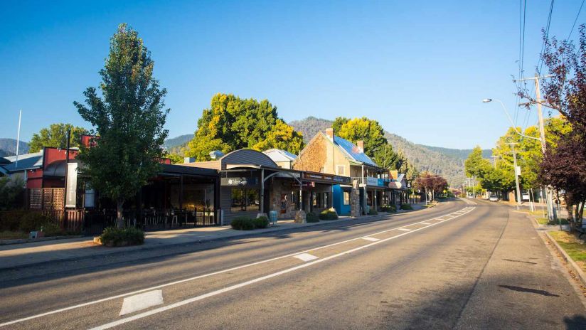 Shops and businesses on the main street of Bright, Victoria.