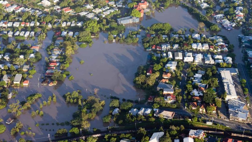 An aerial photograph of a flooded suburban area in the 2010-11 Queensland floods.