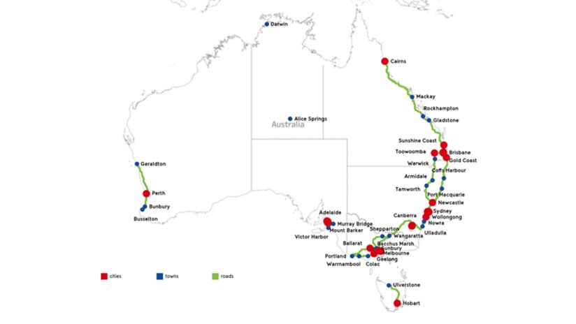 A map showing where umlaut tested Telstra's network around the country