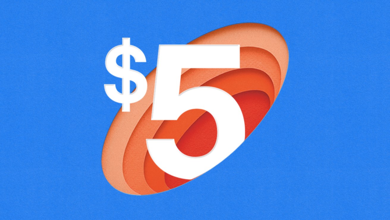 White $5 text emerging from an abstract orange portal.