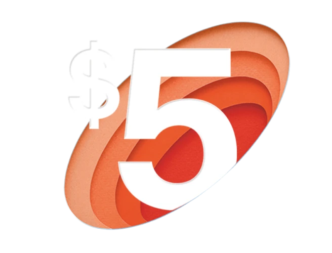 White $5 text emerging from an abstract orange portal.