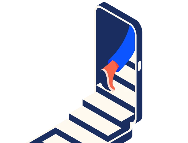 Abstract image of two joined open phones with stairs running through it and a person walking up the stairs.