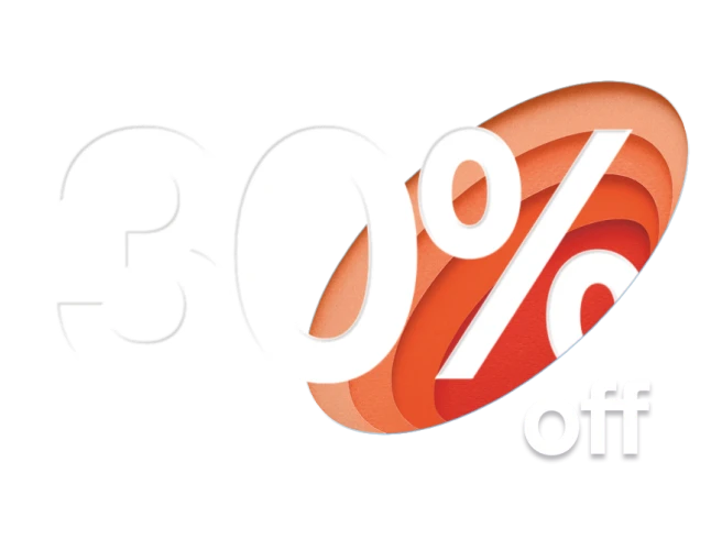 White 30% off text emerging from an abstract orange portal.