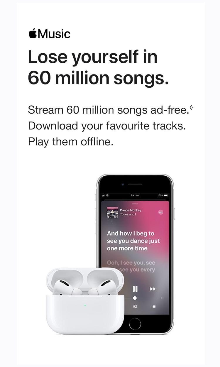 Apple Music. Lose yourself in 60 million songs. Stream 60 million songs ad-free. Refer to additional device disclaimers. Download your favourite tracks. Play them offline.
